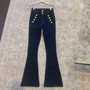 Veronica Beard Navy Flare Jeans with Gold Buttons